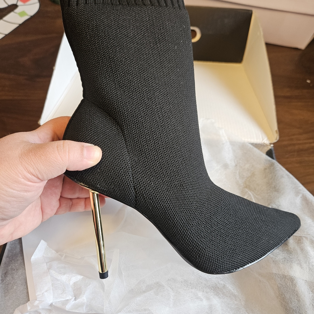 The Fashion Nova Lexy Sock Fit Golden Metal Stiletto heel Bootie